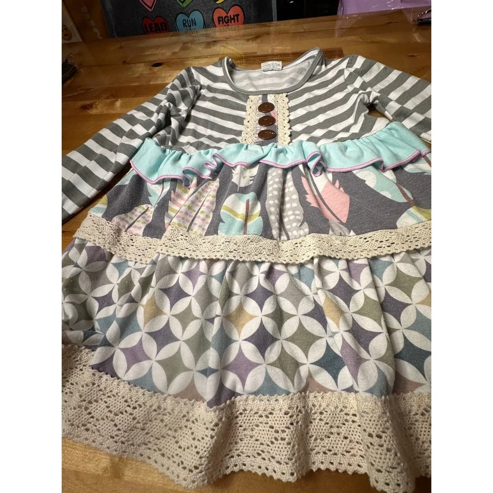 Tutu Lulu Tiered‎ Dress Girls 5-6Y Grey Multi Boho Lace Mixed